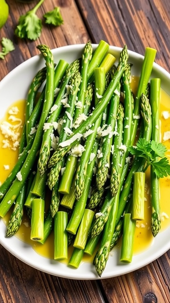 A plate of garlic Parmesan asparagus garnished with parsley and lemon, showcasing vibrant green spears.